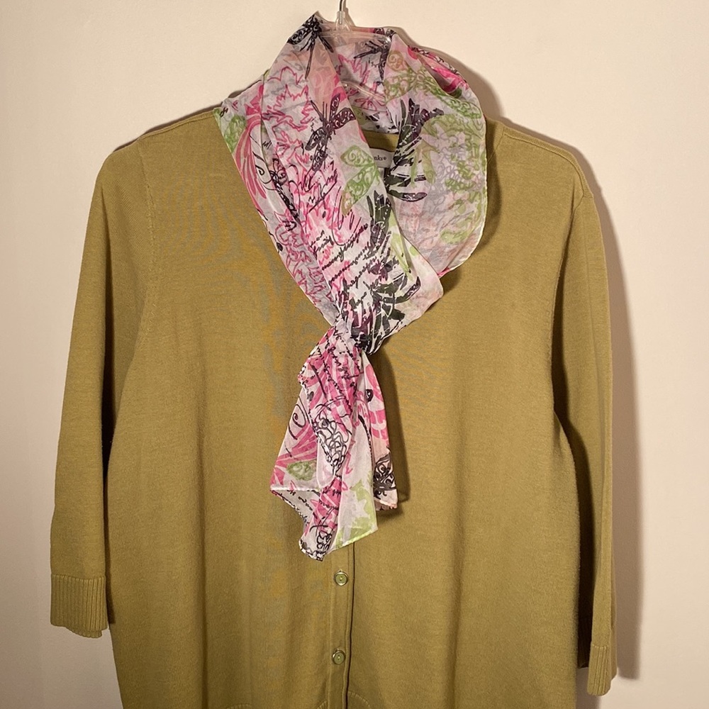 CJ Banks 3/4 Sleeve Olive Chartreuse Cotton Sweater - Picture 2 of 6